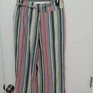 Indigo Rein Striped Linen Wide leg Cropped pants with elastic waist With Tie